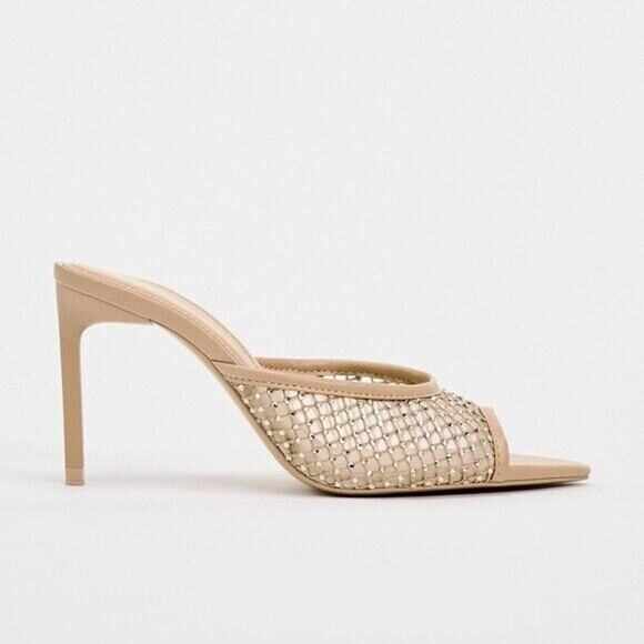 ZARA Embellished Mesh Slide Heels Nude Tan Size 8 NWT - Picture 16 of 16
